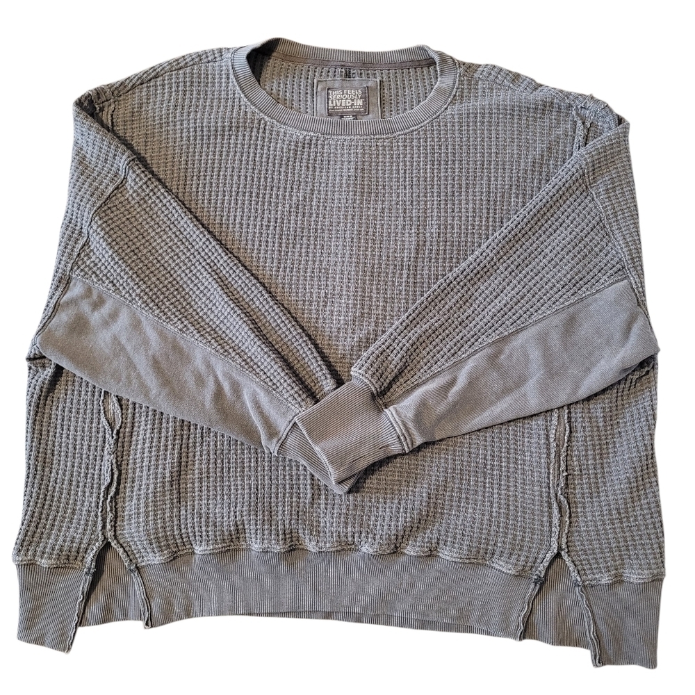 American Eagle Lived-in Gray M Waffle Knit Thermal Sweater Boxy Oversized Boho